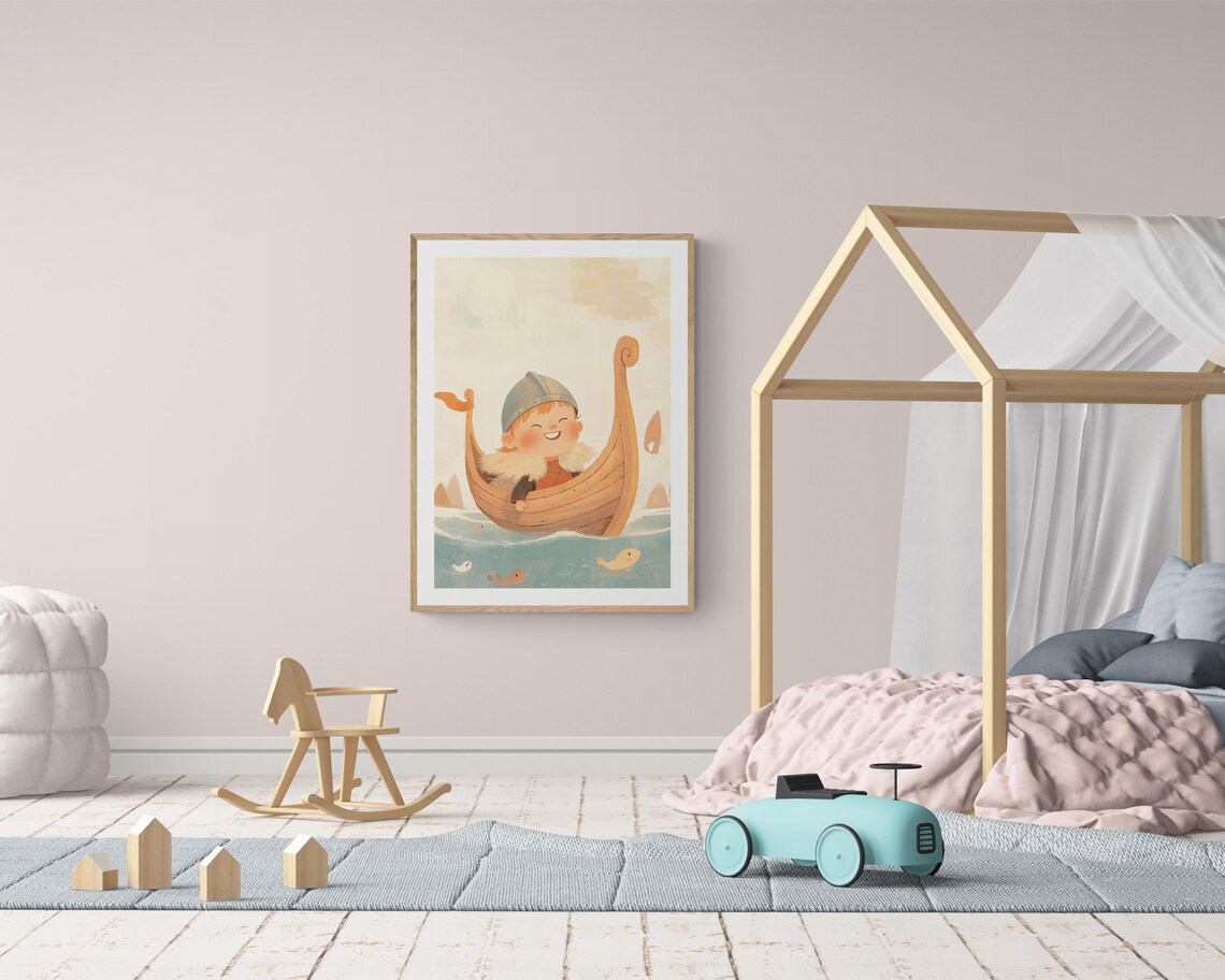 Playful Viking Child Sailing Wooden Drakkar Cute Nordic Kids Art Print - Image 3