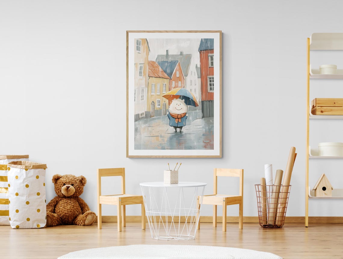 Norwegian Troll With Umbrella Rainy Bryggen Street Night Wall Art - Image 2