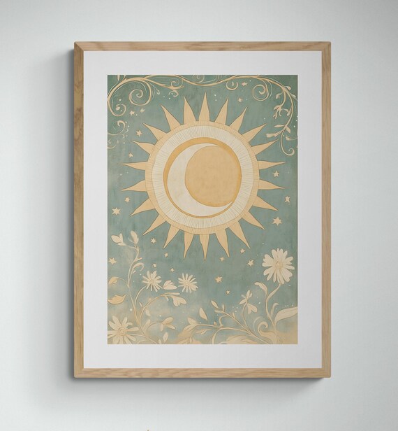 Art Nouveau Celestial Sun Moon Golden Stars Mystical Sage Wall Art