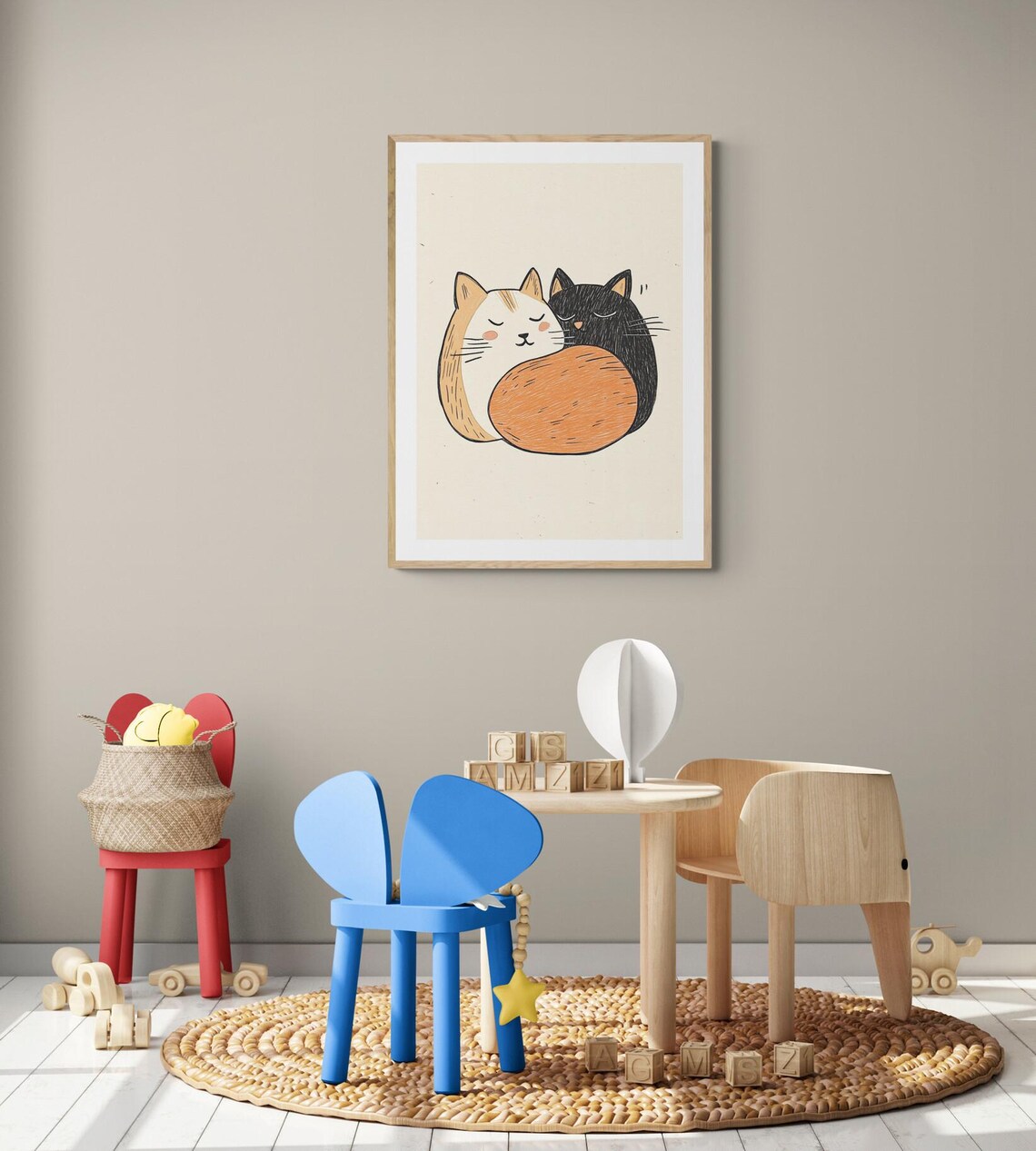 Two Sleeping Cats Cuddling Cute Cartoon Kawaii Cats Nursery Wall Art Print - Image 4