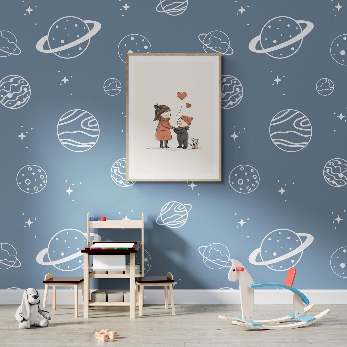 Sweet Siblings Holding Hands Heart Balloons Kitten Cute Nursery Art Print - Image 4