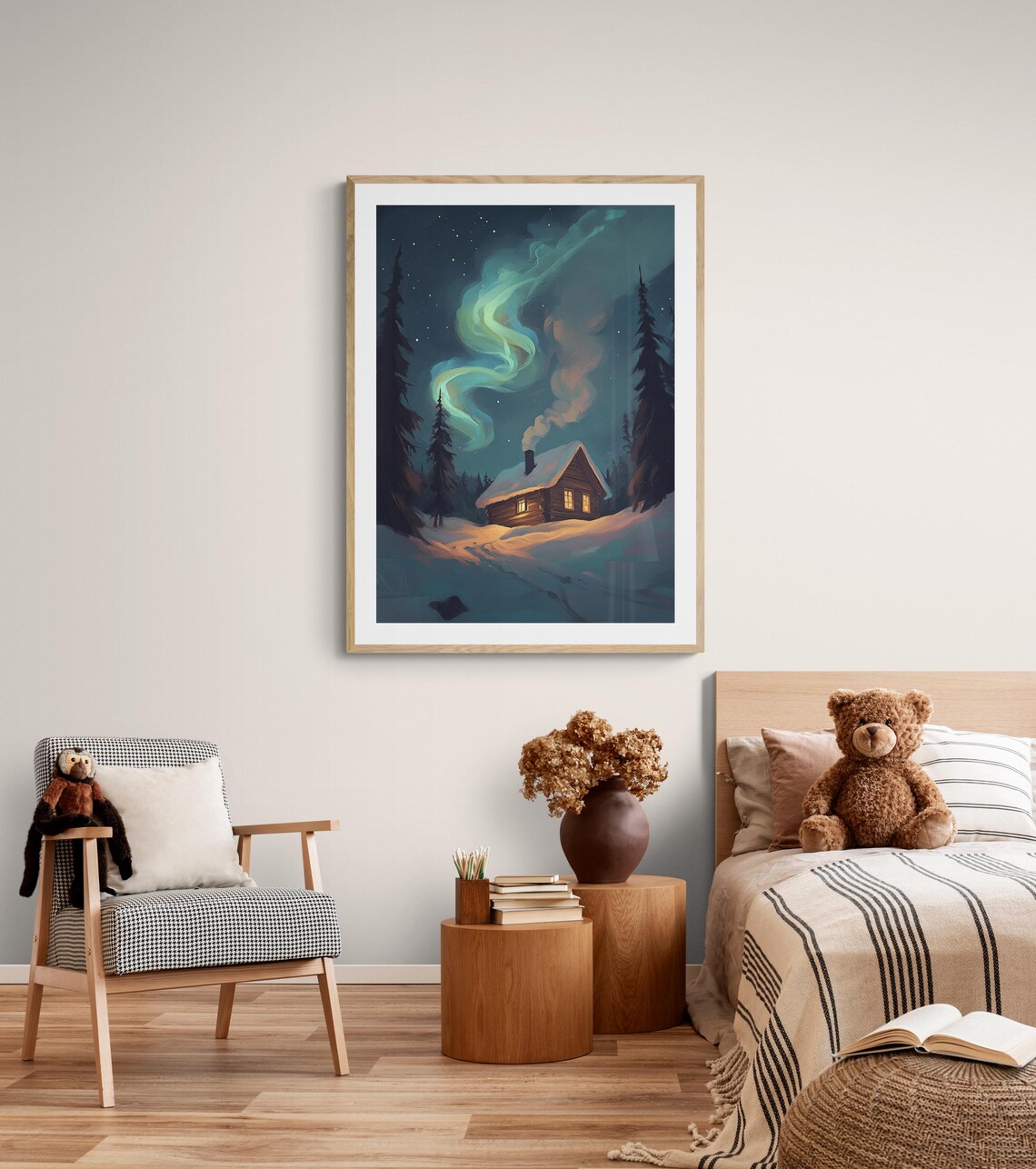 Cozy Snowy Cabin Under Northern Lights Aurora Winter Night Art Poster - Image 3