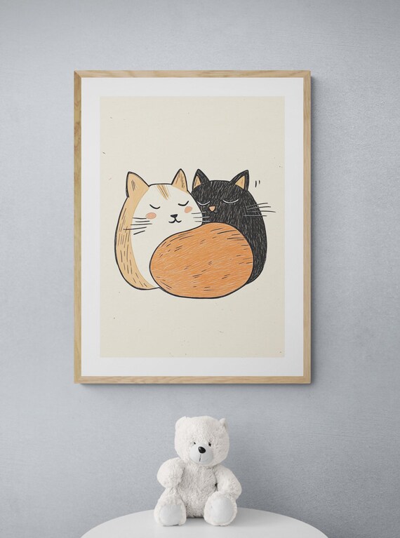 Two Sleeping Cats Cuddling Cute Cartoon Kawaii Cats Nursery Wall Art Print