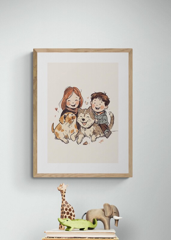 Happy Kids With Dogs Girl Boy Best Friends Cute Nursery Wall Art Poster