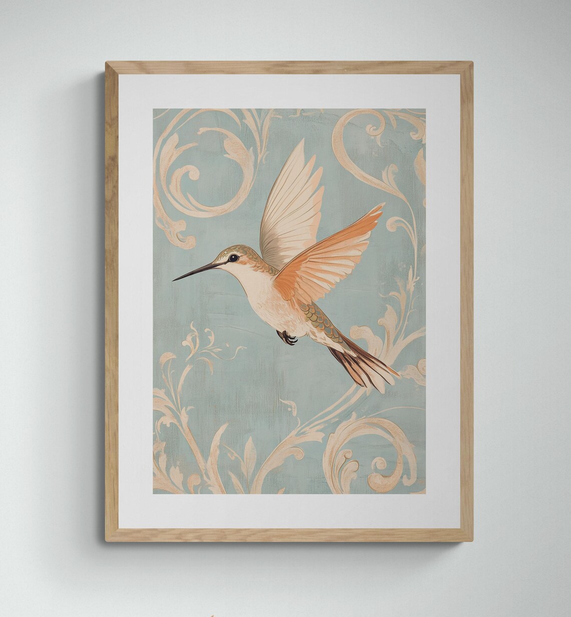 Art Nouveau Hummingbird In Flight Pale Peach Filigree Sage Wall Art