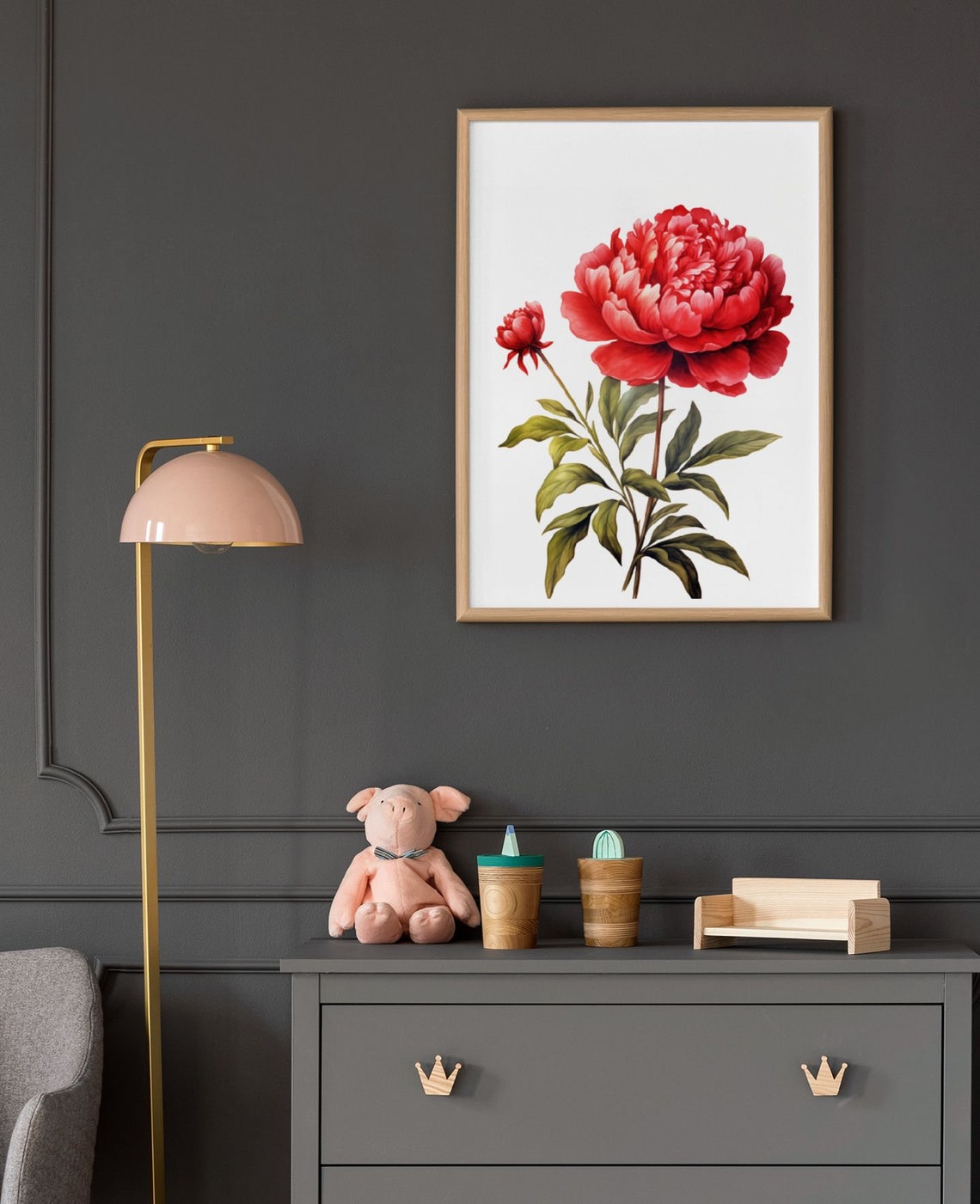 Red Peony Bloom with Bud Watercolour Botanical Flower Poster - Image 5