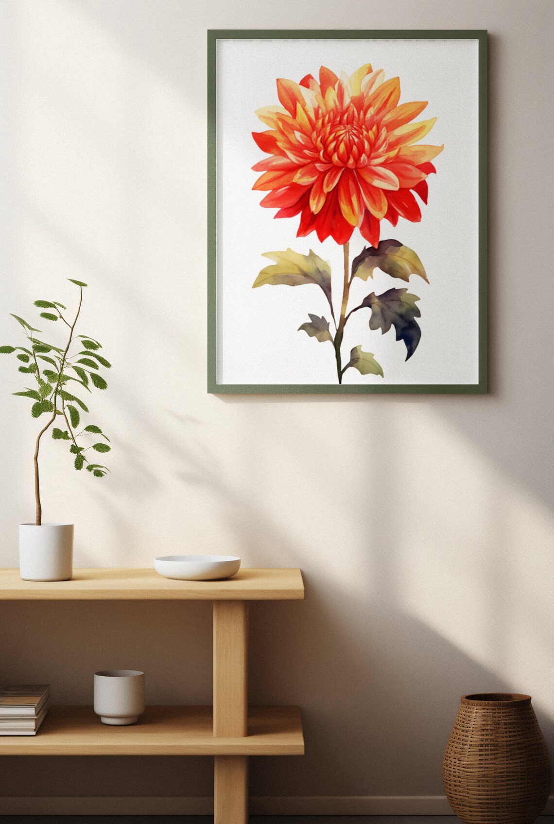 Vivid Sunset Orange Dahlia Flower Watercolour Botanical Art Poster - Image 4