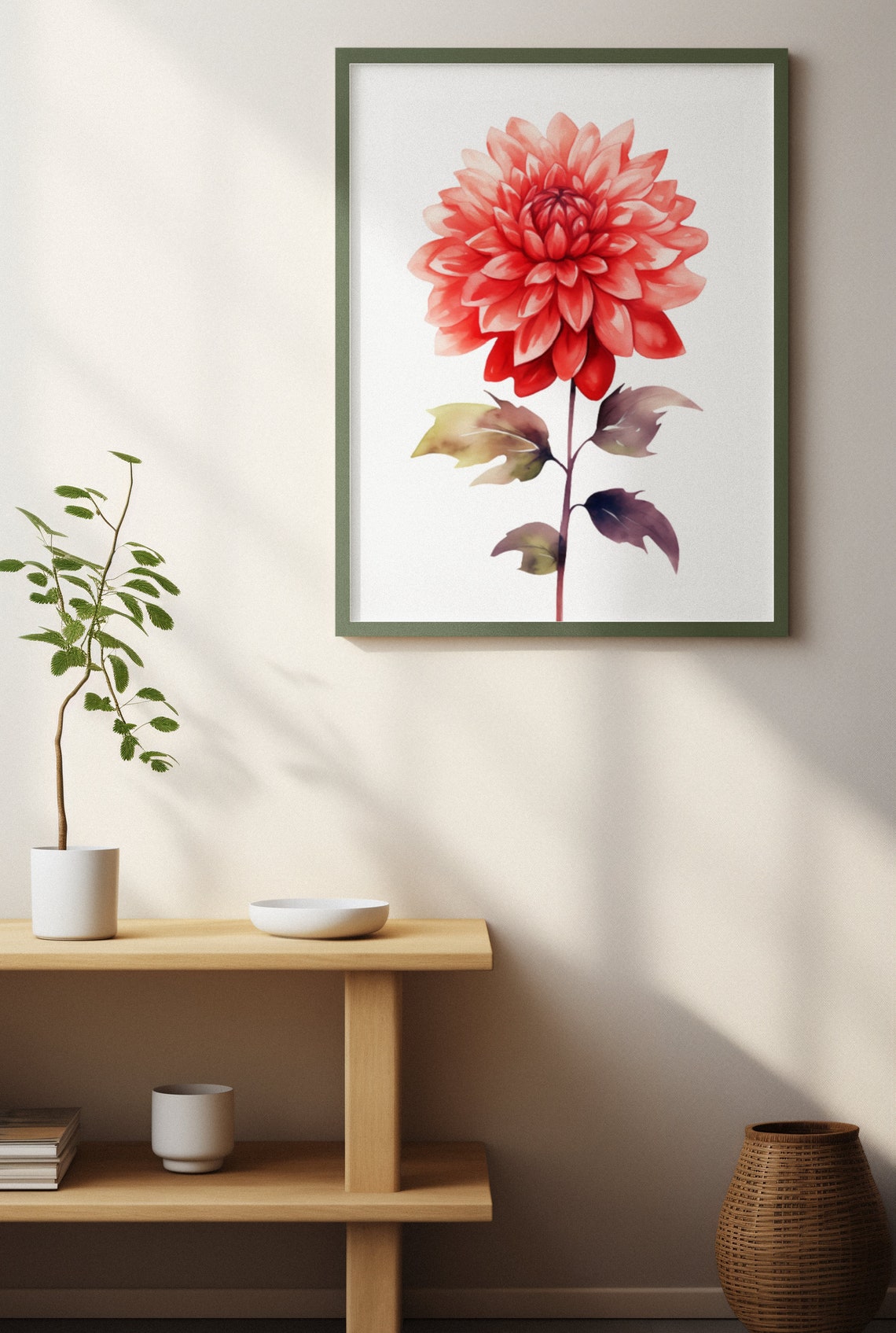 Glowing Coral Red Dahlia Bloom Watercolour Botanical Art Poster - Image 4