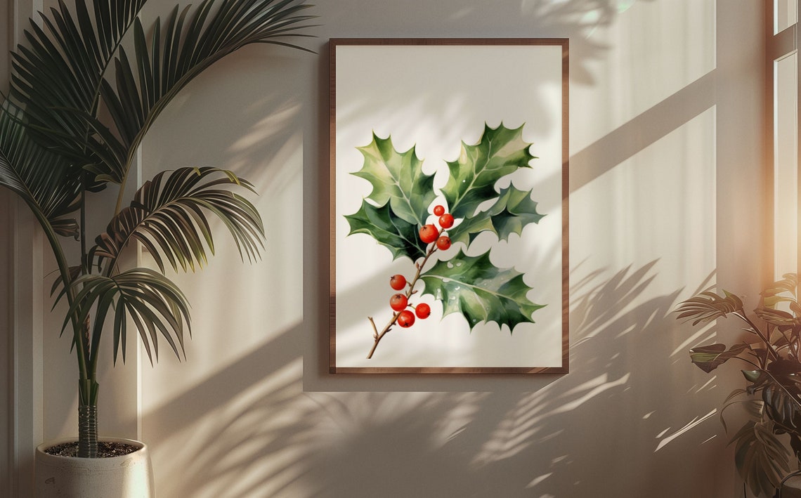 Holly Branch With Red Berries Classic Festive Watercolor Art Poster - Image 8