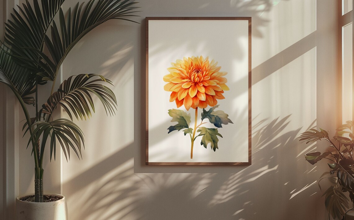 Amber Orange Dahlia Bloom Rich Watercolour Botanical Art Poster - Image 5