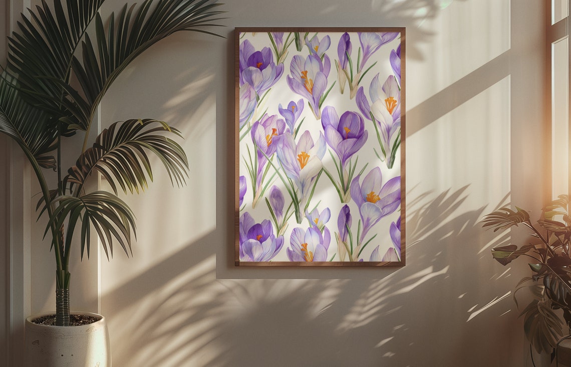 Purple Crocus Bloom Pattern Watercolour Botanical Flower Poster - Image 3