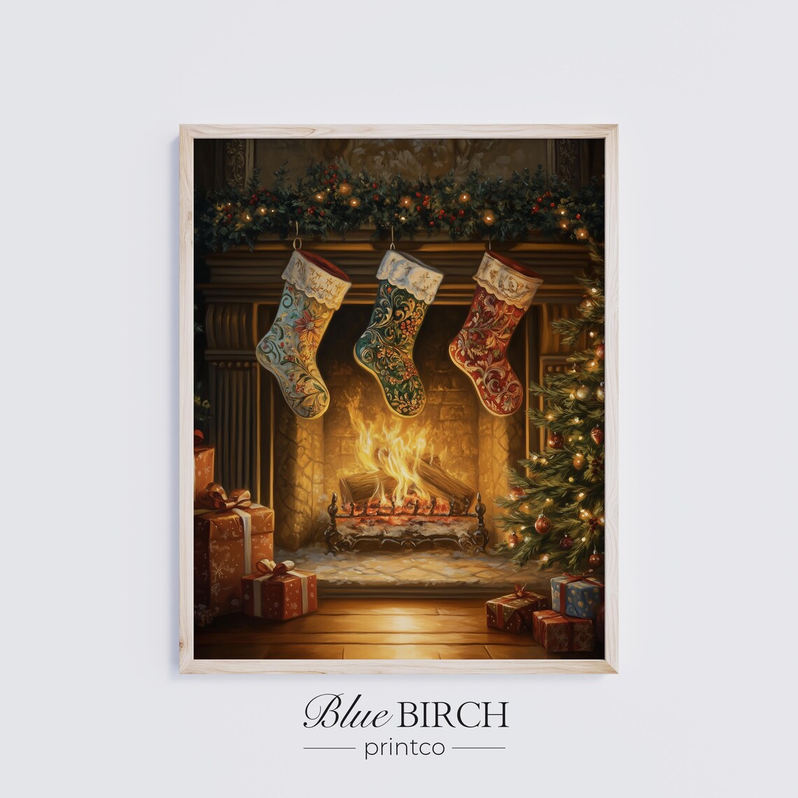 Cozy Christmas Fireplace Stockings Glowing Mantel Vintage Holiday Poster