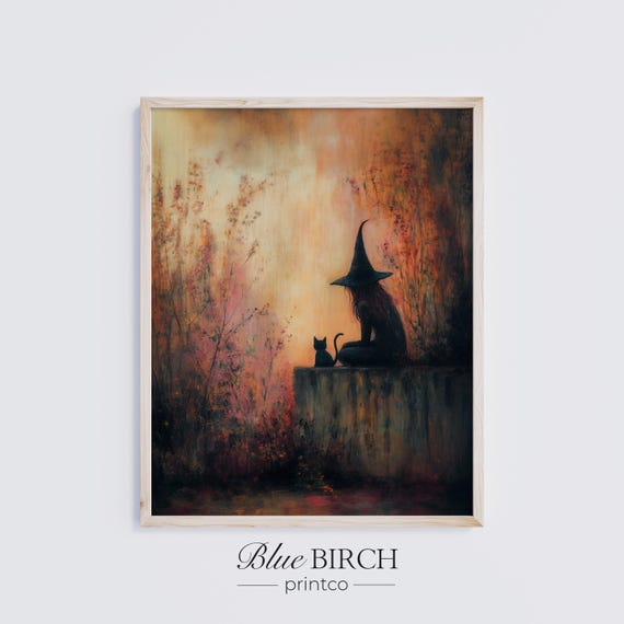 Witch and Black Cat Silhouette Autumn Twilight Moody Painting Poster Art