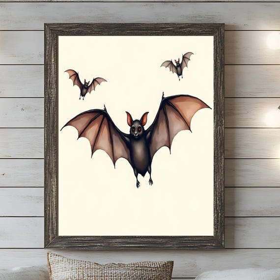 Bat Wall Art Cute Flying Bats Poster Vintage Halloween Decor Minimalist Watercolor Style Painting Rustic Farmhouse