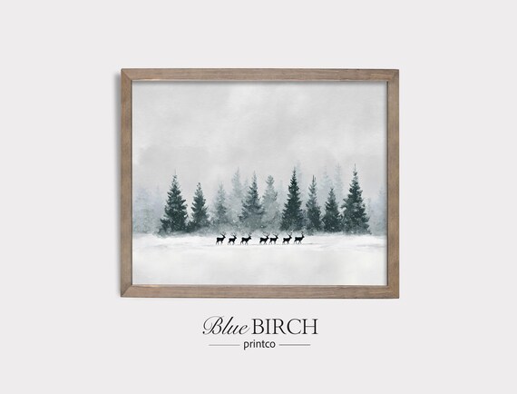 Minimalist Winter Deer Herd In Foggy Forest Watercolor Nordic Scene Poster