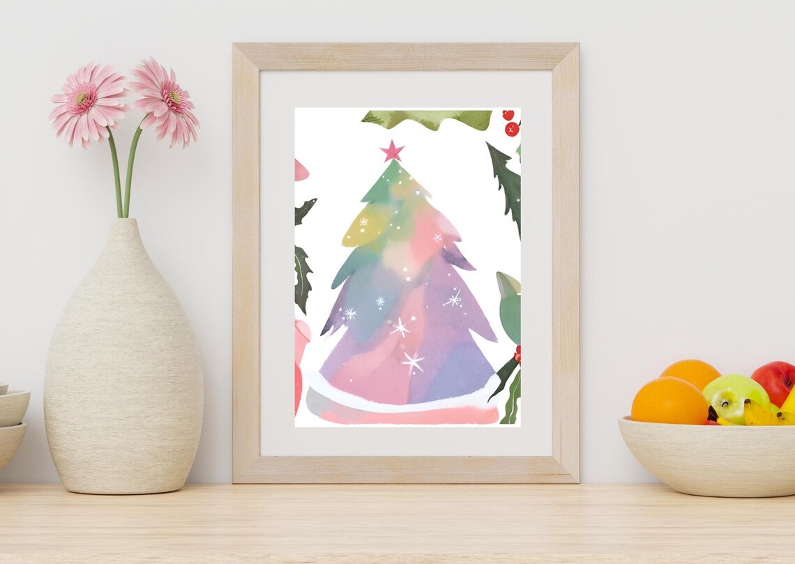 Pastel Watercolor Christmas Tree Star Nursery Holiday Wall Art