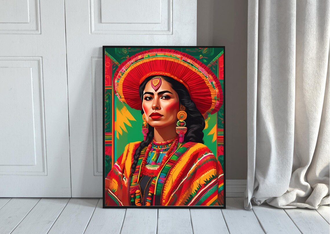 Mexican Woman Red Wide Brim Hat Colorful Fiesta Boho Portrait Print