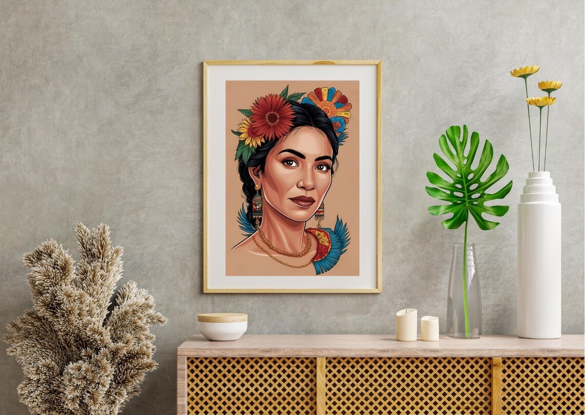 Frida Kahlo Inspired Flower Crown Mexican Woman Portrait Print