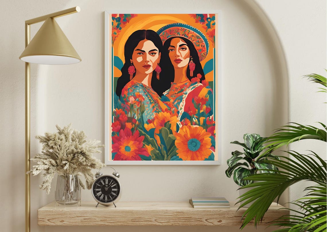 Two Vibrant Mexican Women In Floral Dresses Colorful Boho Art Poster