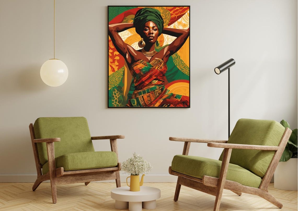 Vibrant African Woman Green Headwrap Colorful Boho Portrait Print