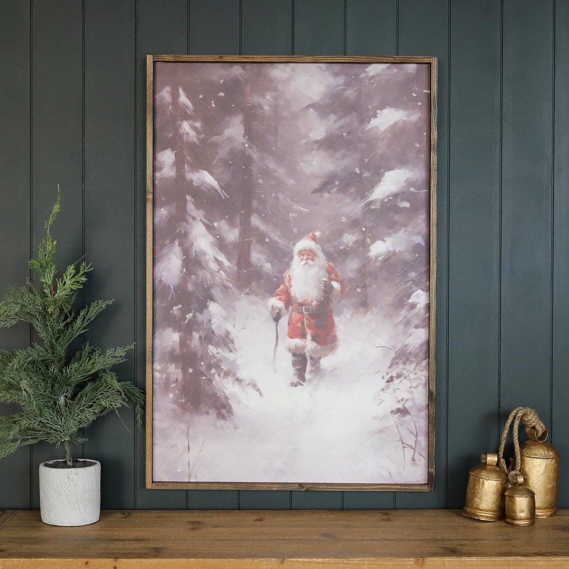 Vintage Santa Claus Snowy Forest Winter Walk Christmas Poster