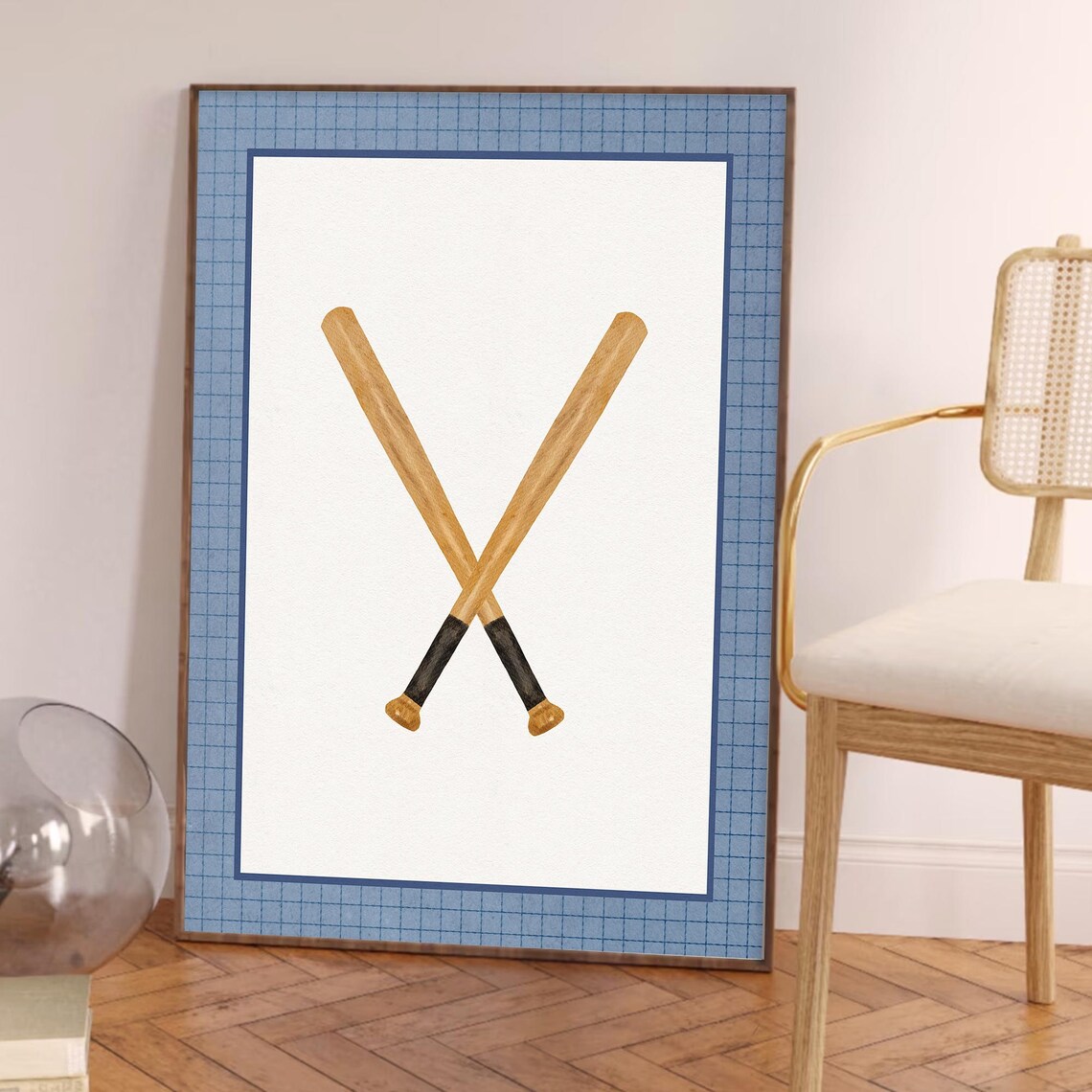 Crossed Vintage Wooden Baseball Bats in Navy Border Sports Poster