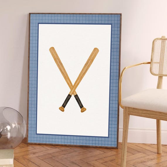 Retro Baseball Bats Navy Blue Wall Art Vintage Sports Nursery Print Boys Room Playroom Decor Eclectic Gallery
