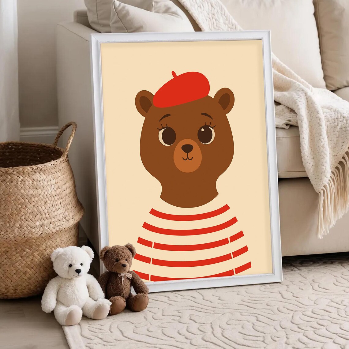 Cute Bear Red Beret Striped Shirt Parisian Kids Nursery Whimsy Wall Poster