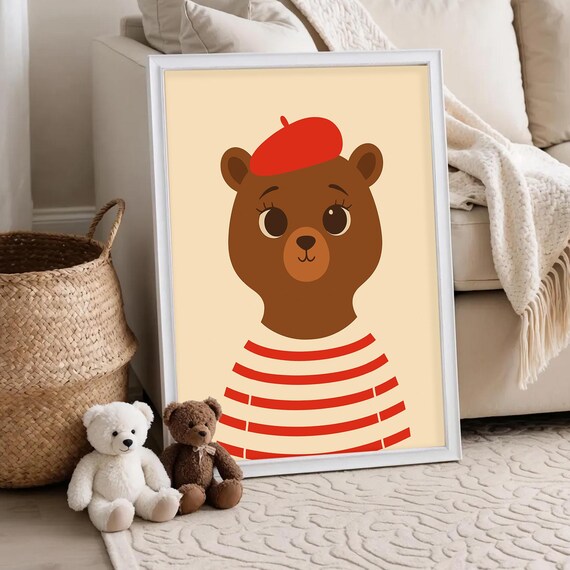 Cute Bear Red Beret Striped Shirt Parisian Kids Nursery Whimsy Wall Poster
