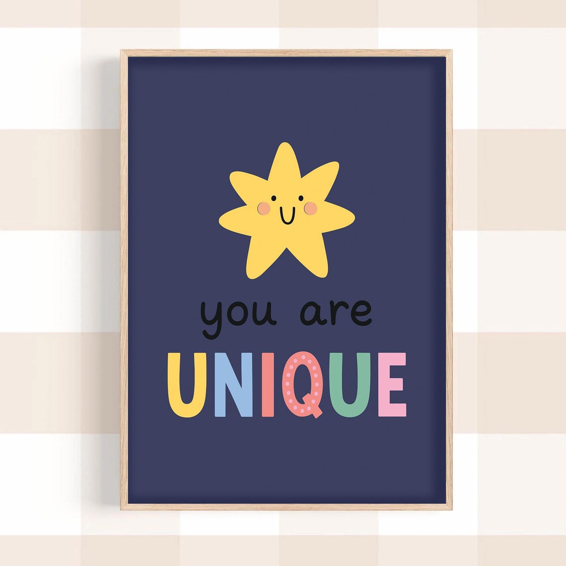 You Are Unique Smiling Star Navy Colorful Kids Affirmation Wall Art