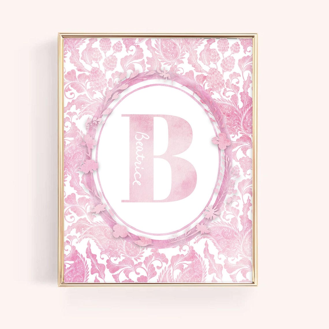 Pink Floral Initial B Beatrice Name Nursery Room Decor Poster