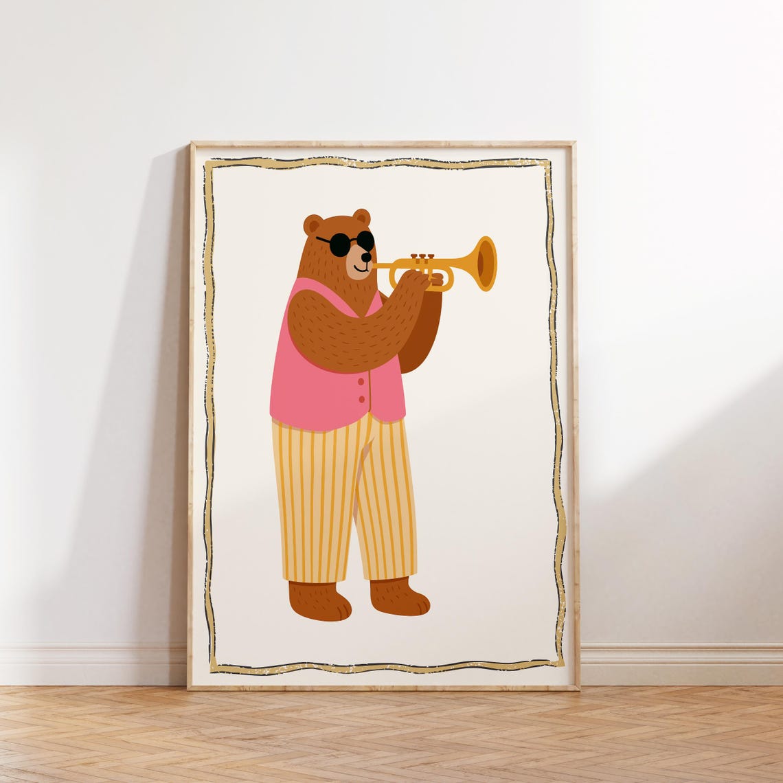 Cool Bear Playing Trumpet With Sunglasses Whimsical Nursery Wall Art