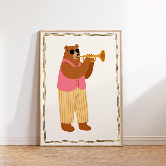 Bear Playing Trumpet Wall Poster Whimsical Baby Shower Gift Animal Nursery Print Kids Room Playroom Decor