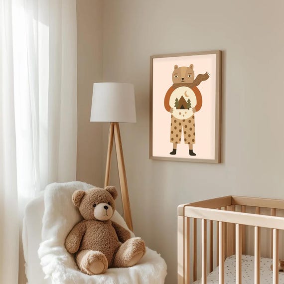 Camping Bear Room Decor Modern Kids Wall Art Animal Poster Playroom For Baby And Toddler
