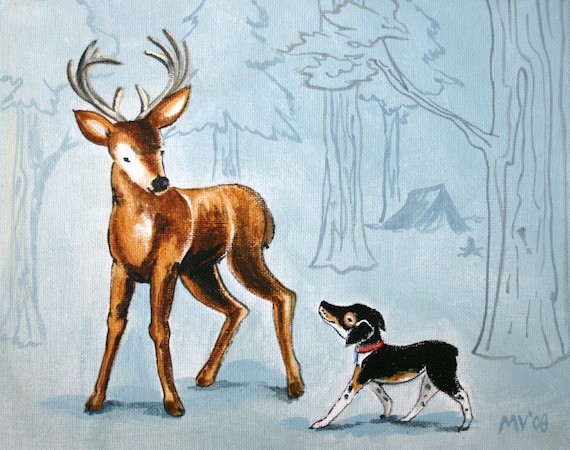 Curious Deer And Playful Dog In Misty Pine Forest Art Poster