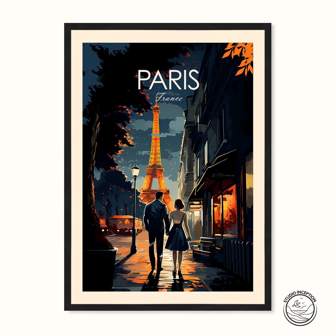 Paris France Eiffel Tower Night Couple Romantic Street Travel Poster