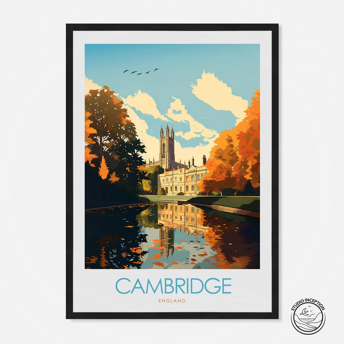 Cambridge England Autumn River Reflection Vintage Travel Poster