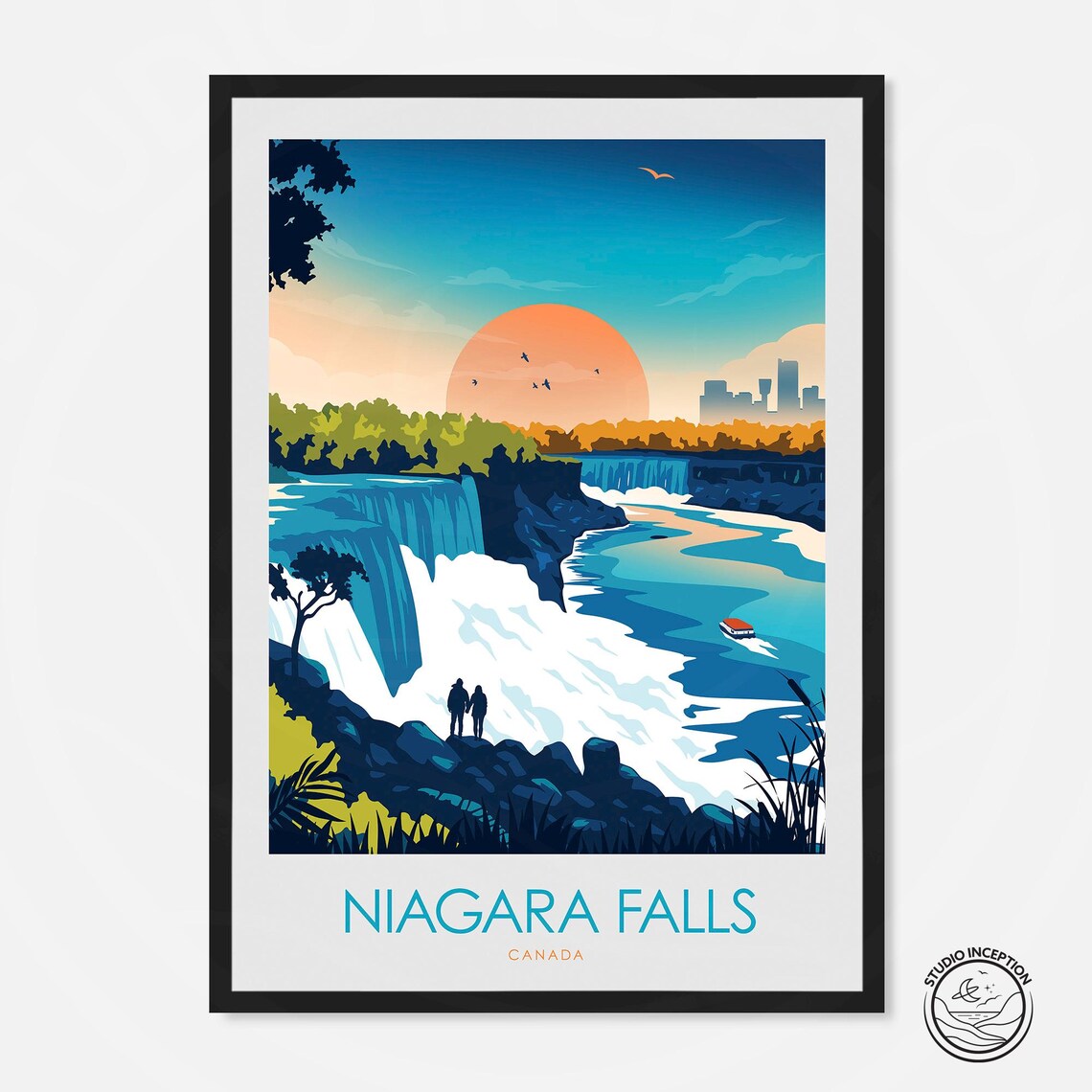 Niagara Falls Canada Waterfall Sunset Couple Vintage Travel Poster