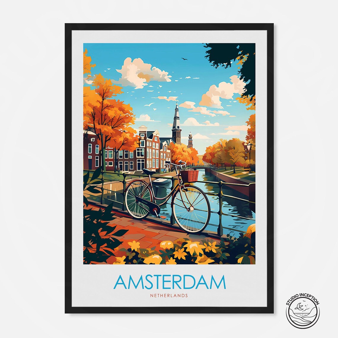 Amsterdam Netherlands Canal Bicycle Autumn Minimal Travel Poster