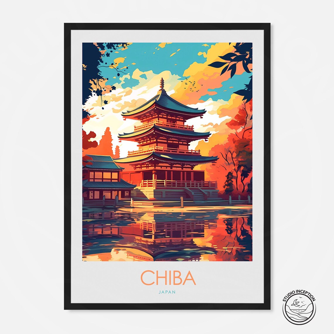 Chiba Japan Temple Pagoda Reflection Sunset Lake Travel Poster Art