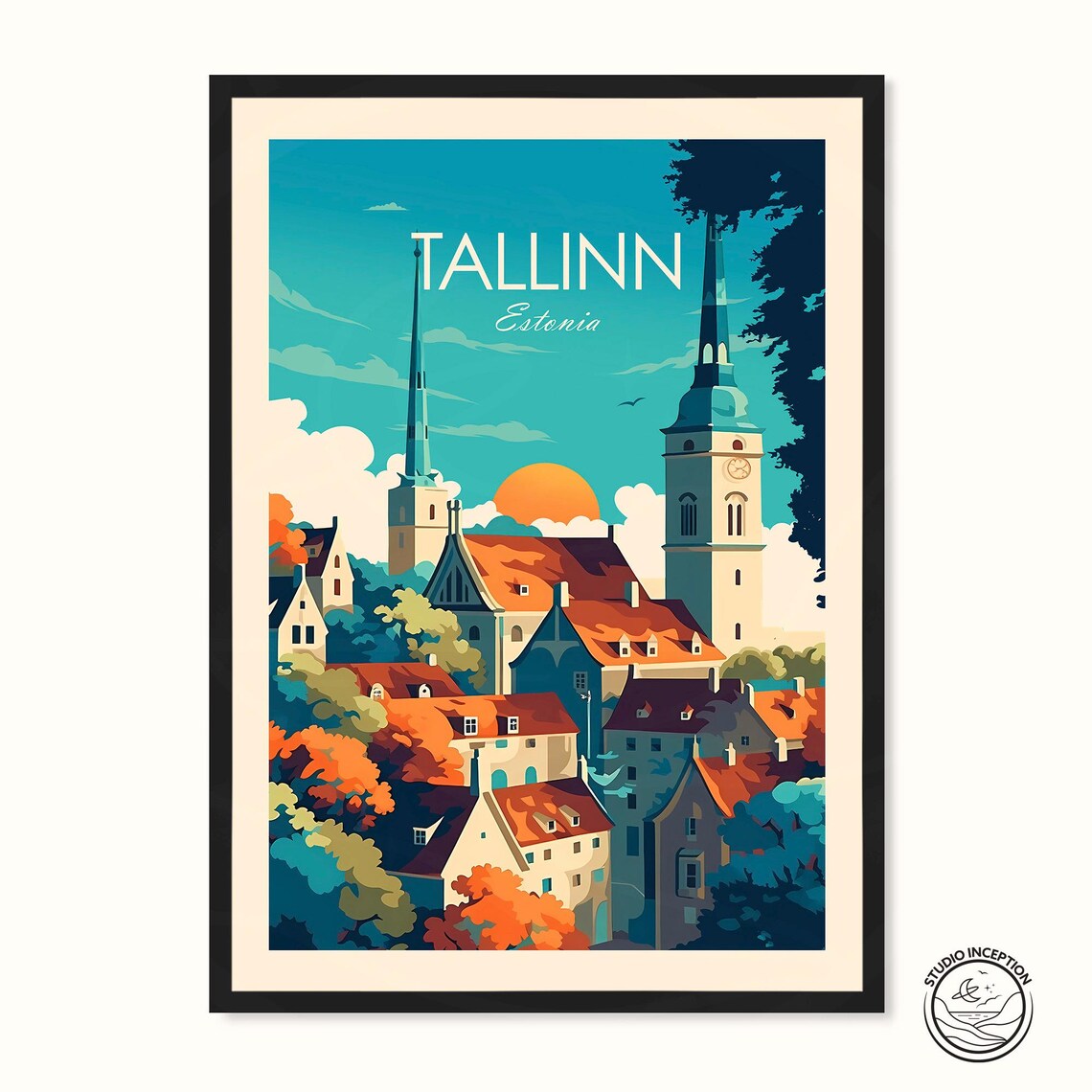 Tallinn Estonia Old Town Towers Sunset Traditional Travel Poster