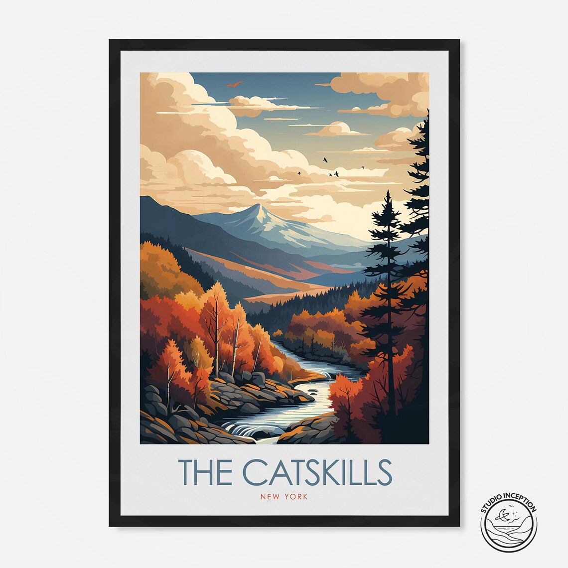 The Catskills New York Autumn Mountain River Fall Travel Poster