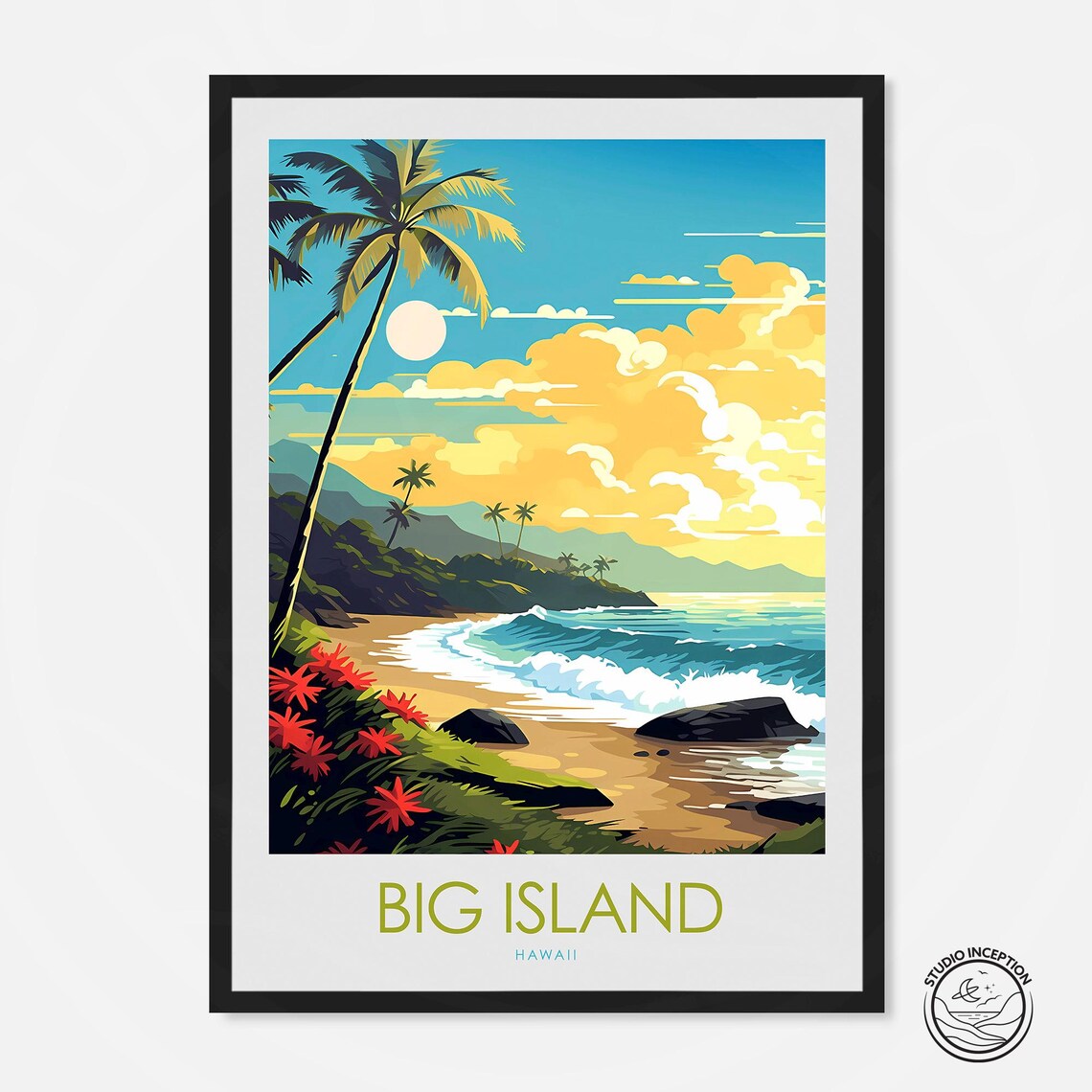 Big Island Hawaii Tropical Beach Palms Sunset Vintage Travel Poster