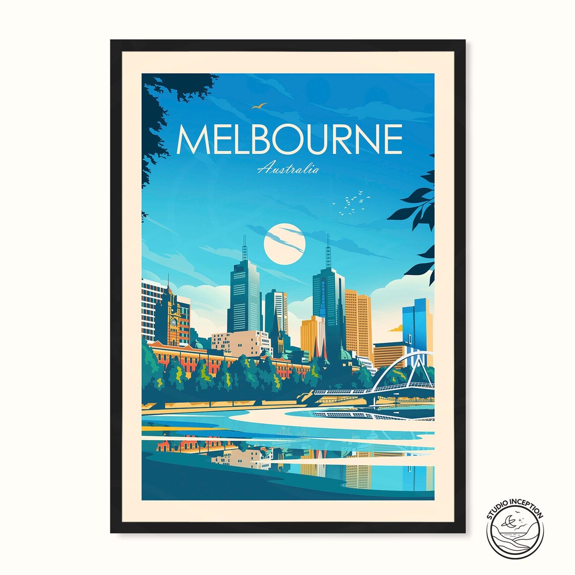 Melbourne Australia Travel Poster, Yarra River Skyline