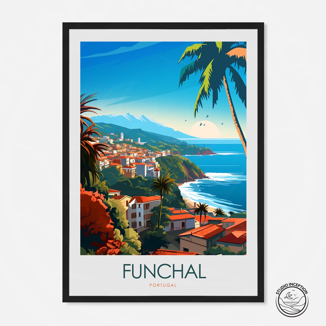 Funchal Portugal Palm Trees Coastline Beach Resort Scene Poster