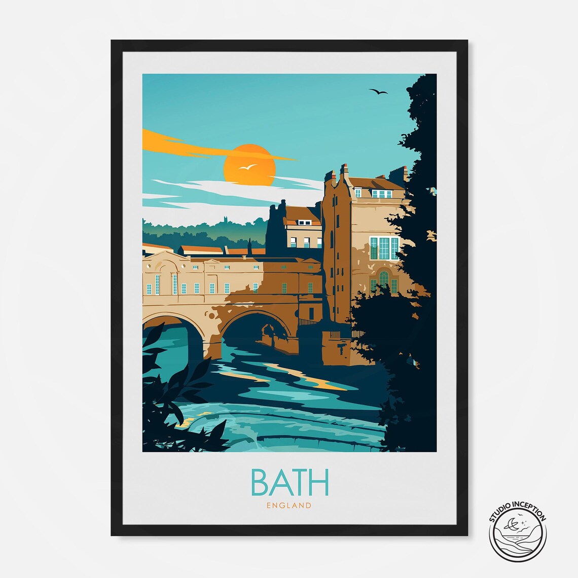 Bath England Pulteney Bridge River Avon Sunset Vintage Travel Poster