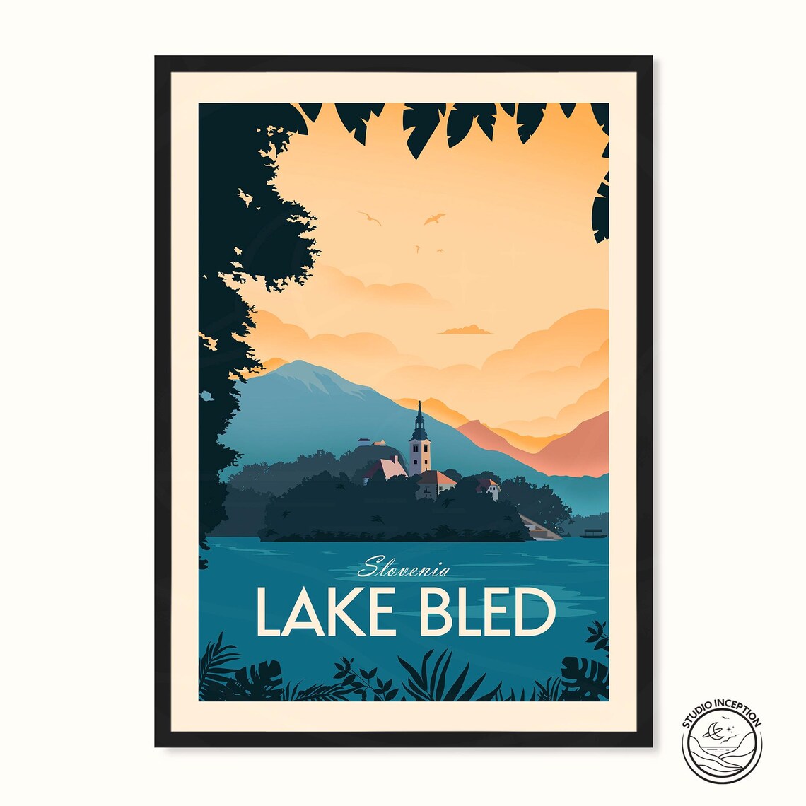 Slovenia Travel Poster, Lake Bled Traditional Style