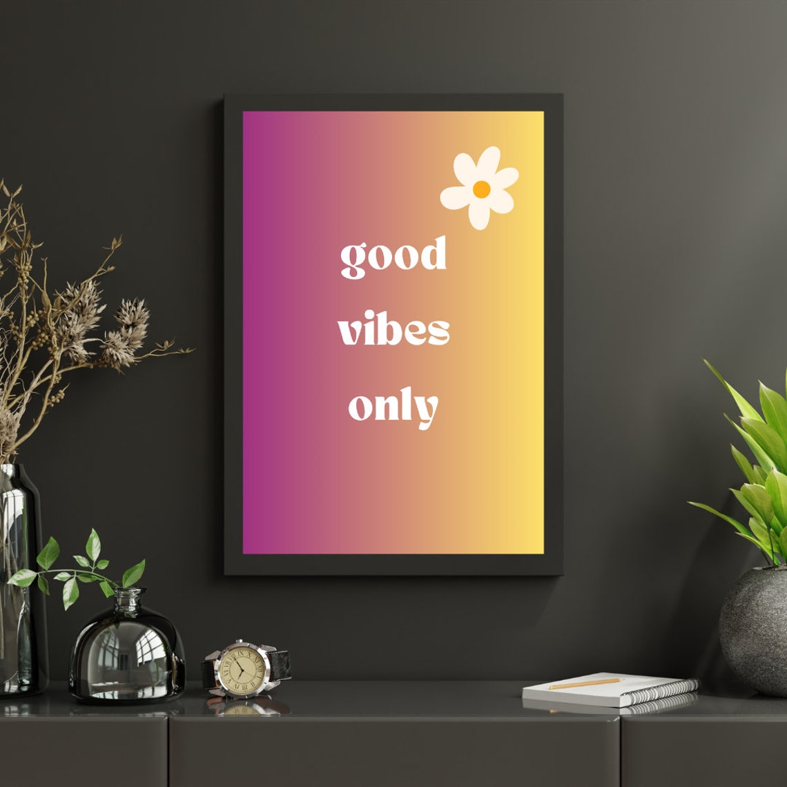 Good Vibes Only Pink Yellow Gradient Daisy Positive Art Poster - Image 3
