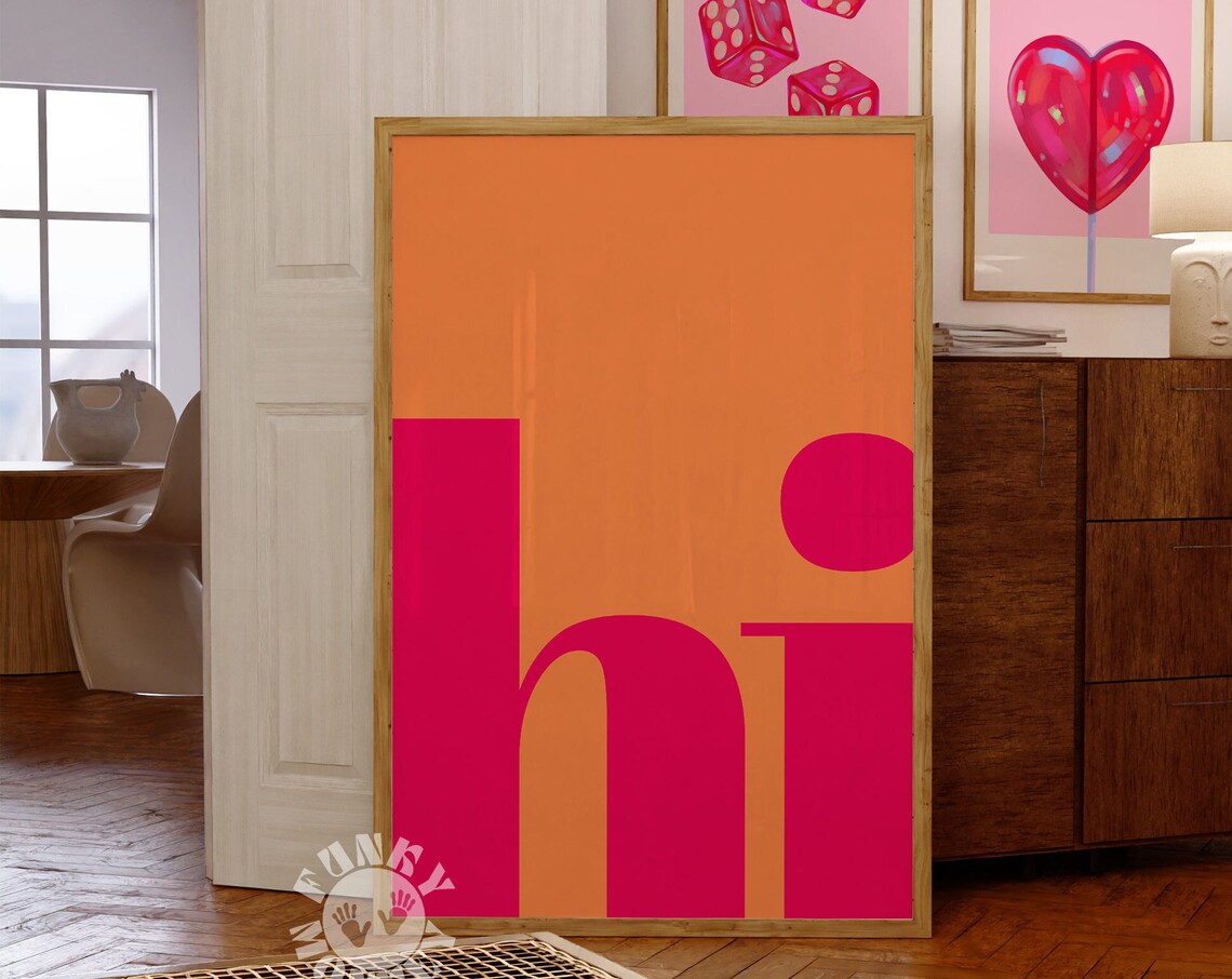 Hi Poster Print, Pink Orange Preppy Typography