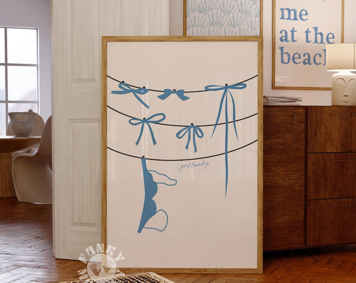 Blue Bow Laundry Line Lingerie Sketch Coquette Trendy Decor Poster